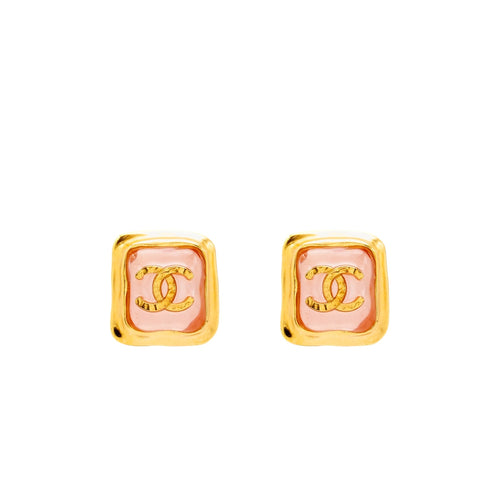 Chanel Pink Resin Square CC Earrings Gold Tone