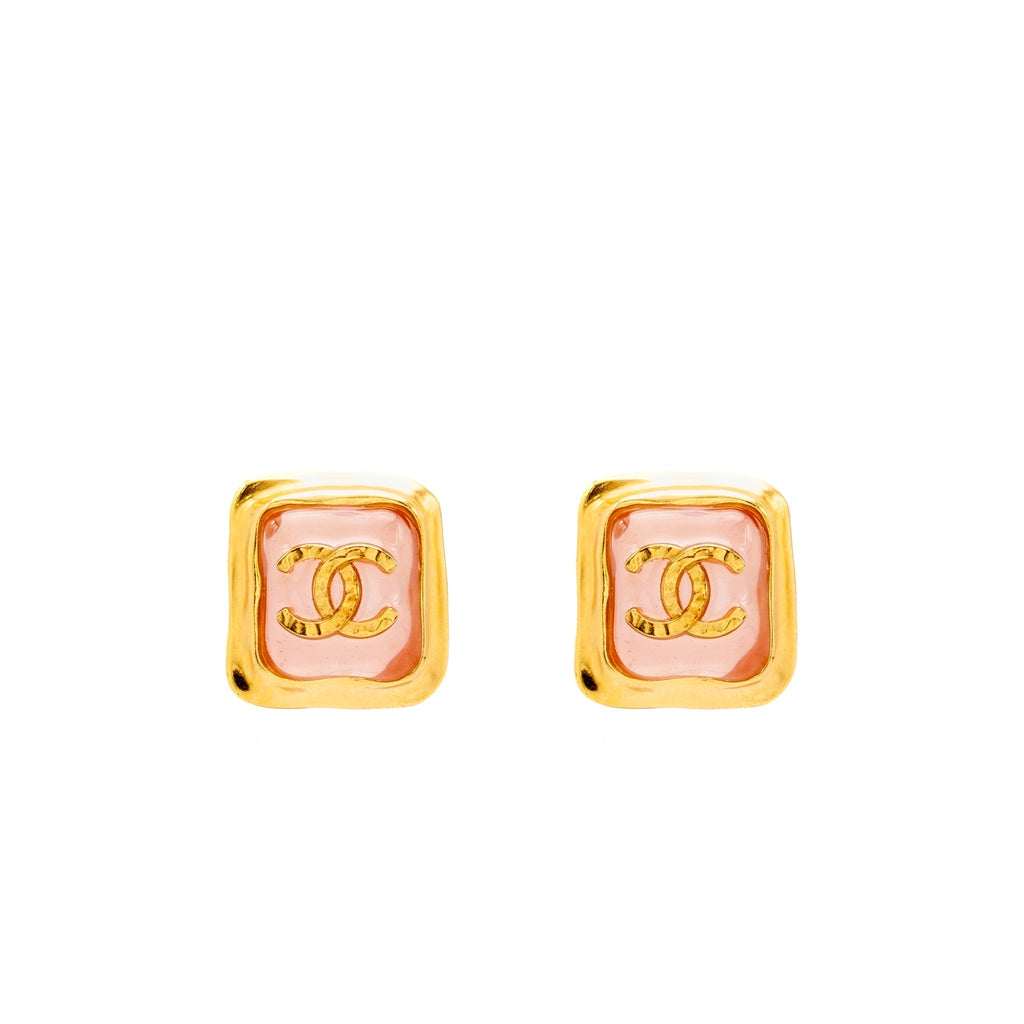Chanel Pink Resin Square CC Earrings Gold Tone