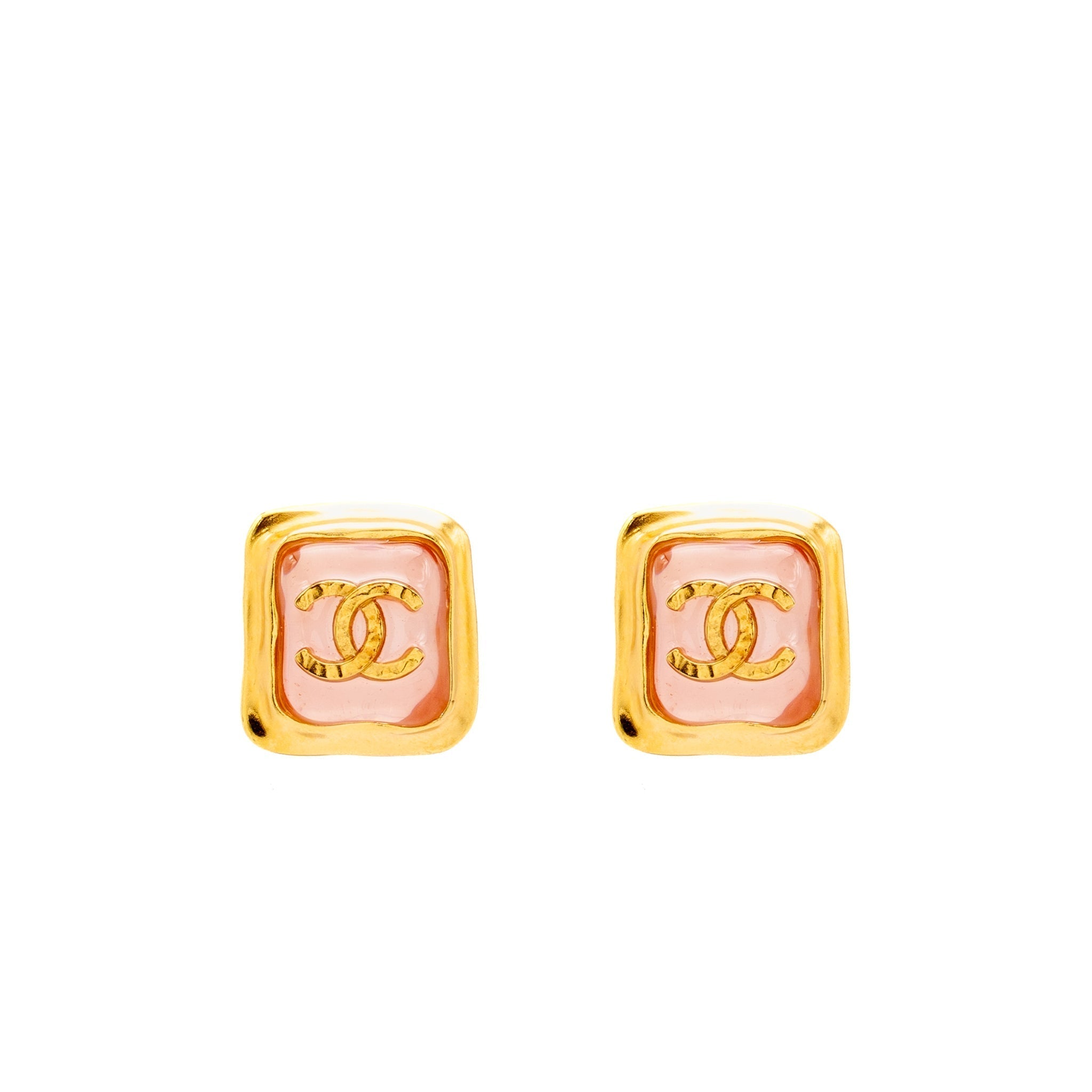 Chanel Pink Resin Square CC Earrings Gold Tone