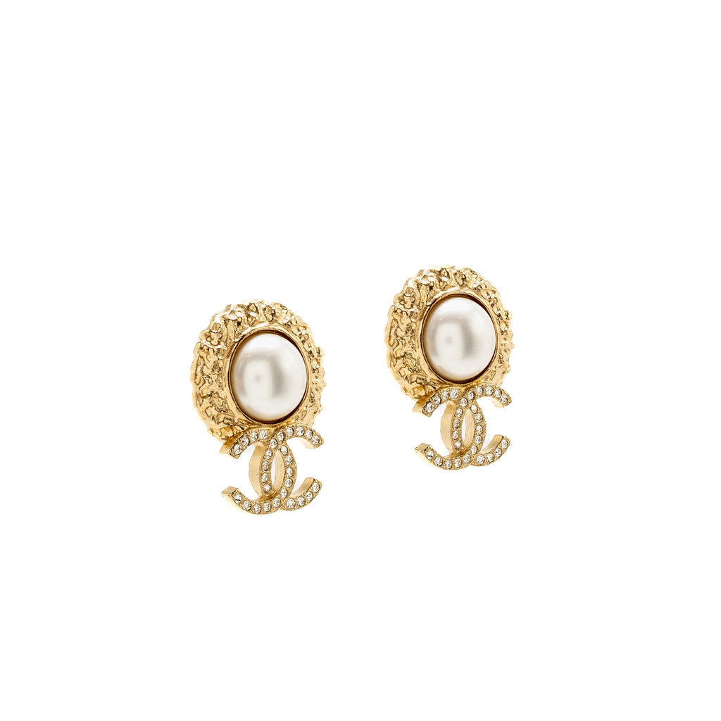 Chanel Round Pearl Crystal CC Earrings Gold Tone