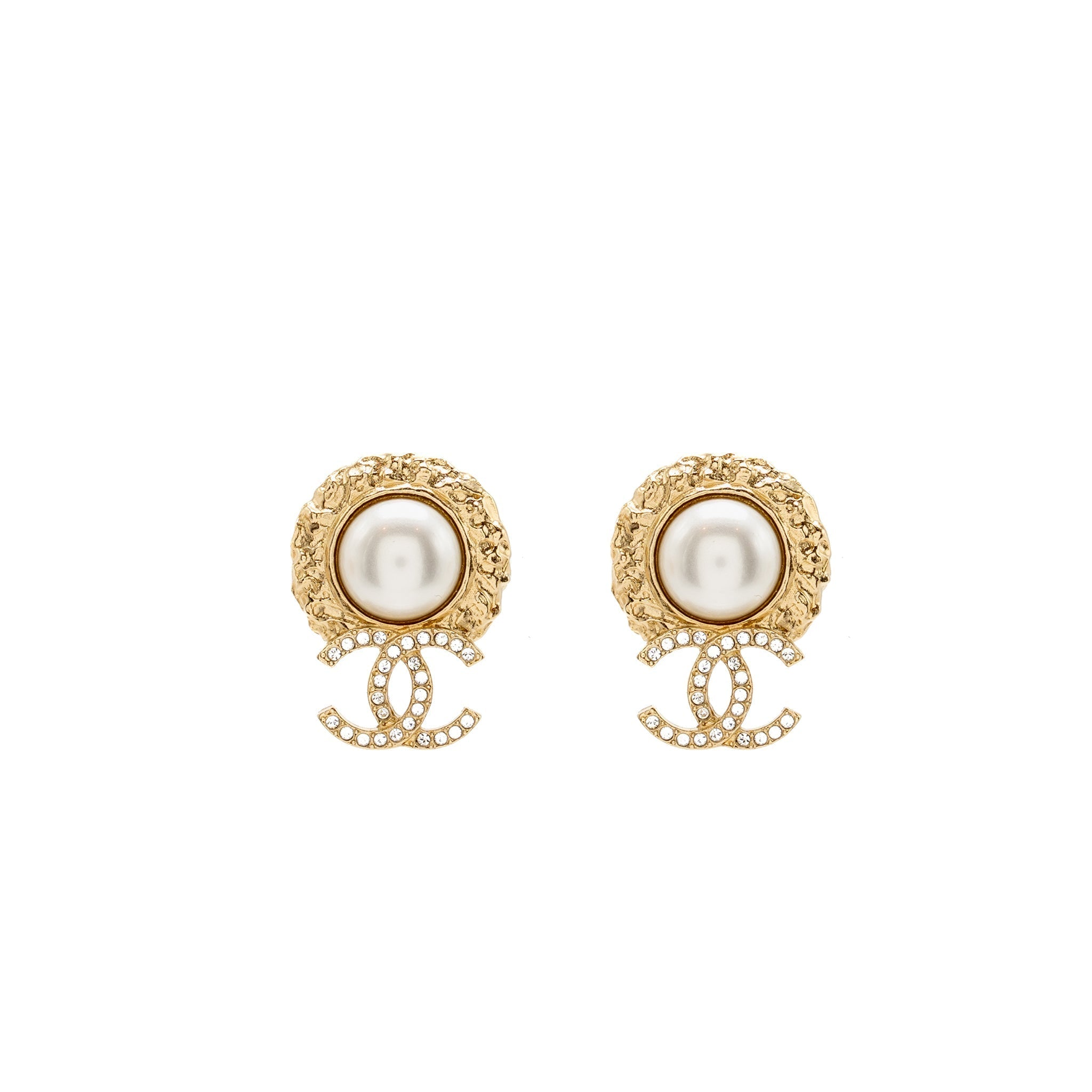 Chanel Round Pearl Crystal CC Earrings Gold Tone