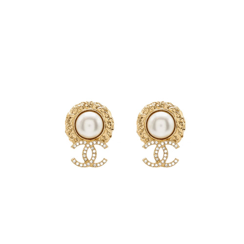 Chanel Round Pearl Crystal CC Earrings Gold Tone