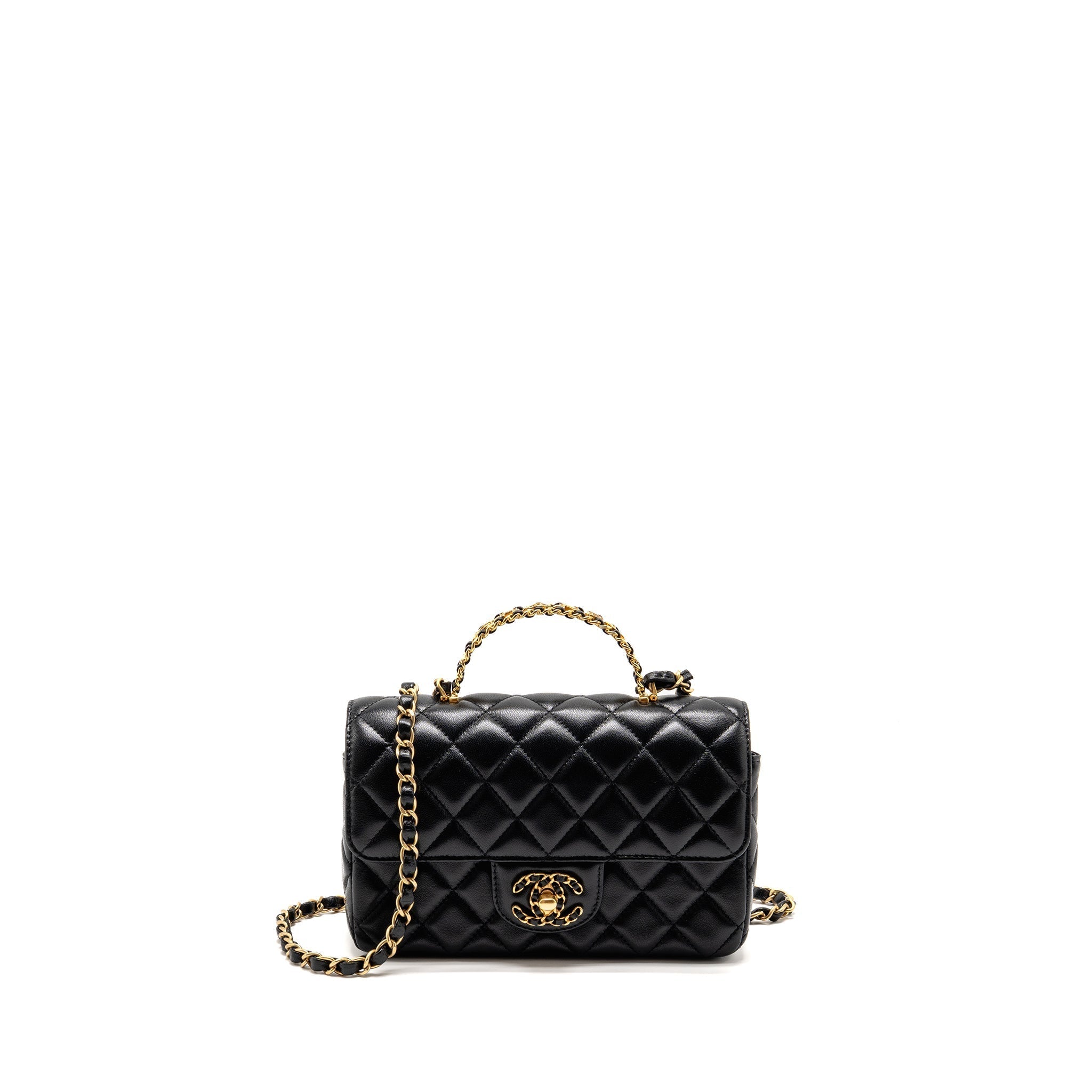Chanel 24c Detail Top Handle Flap Bag Lambskin Black GHW (microchip)