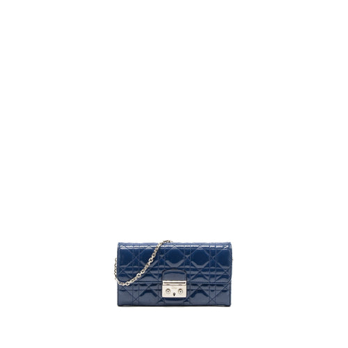 Dior Flap Wallet with Chain Patent Blue SHW