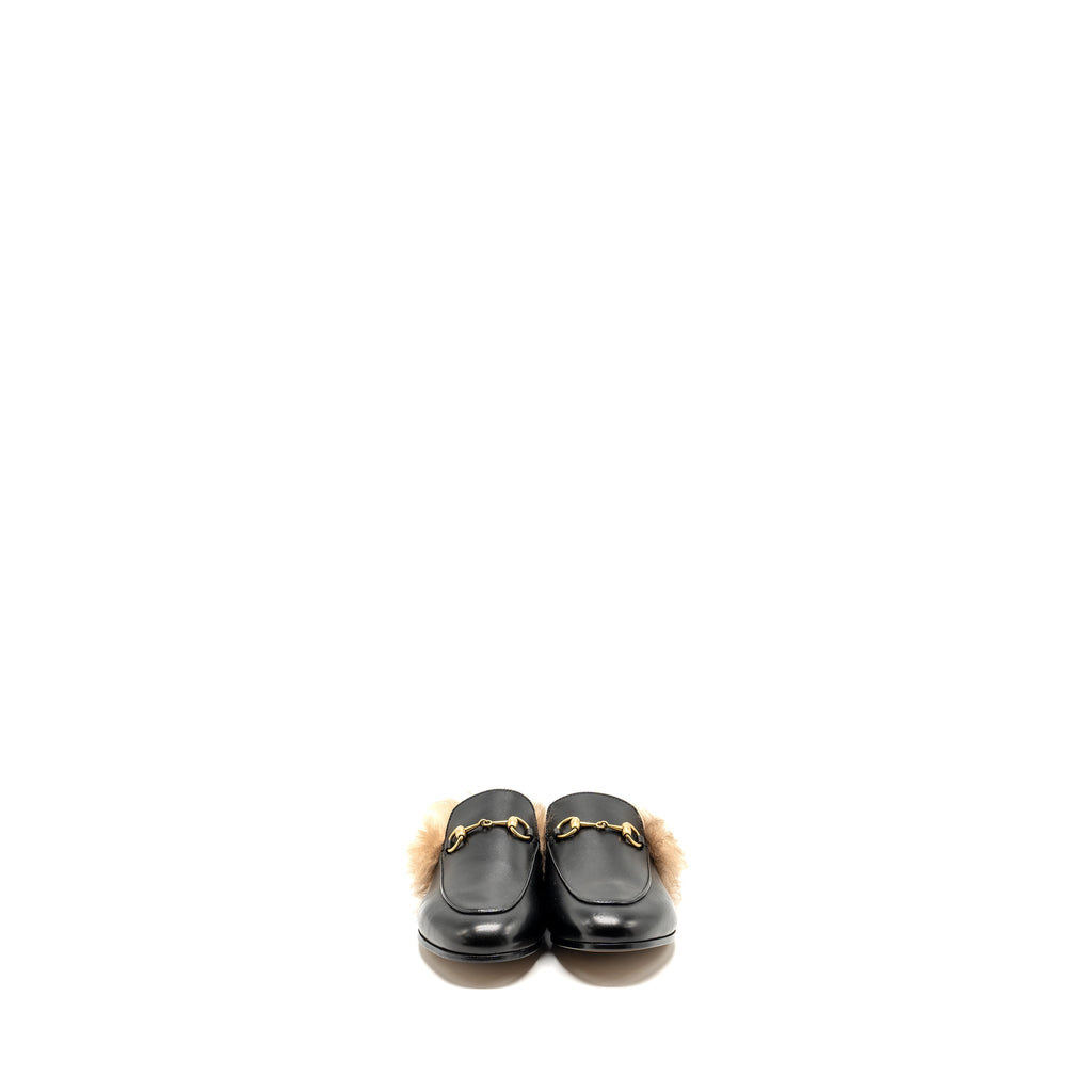 Gucci Size 37 Horsebit Princetown Fur Slipper Leather Black GHW