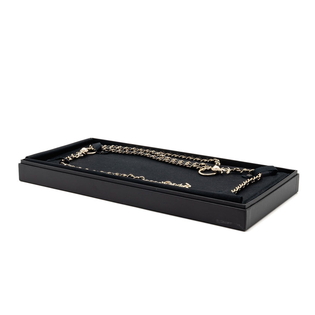 Chanel CC Leather Chain with Pearl Waist Chain Belt Black Light Gold Tone