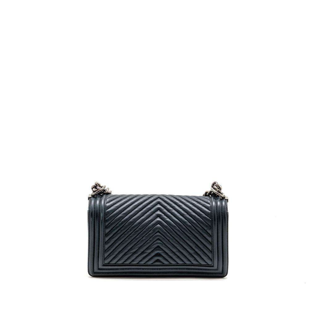 Chanel Medium Boy Bag Chevron Lambskin Dark Blue SHW