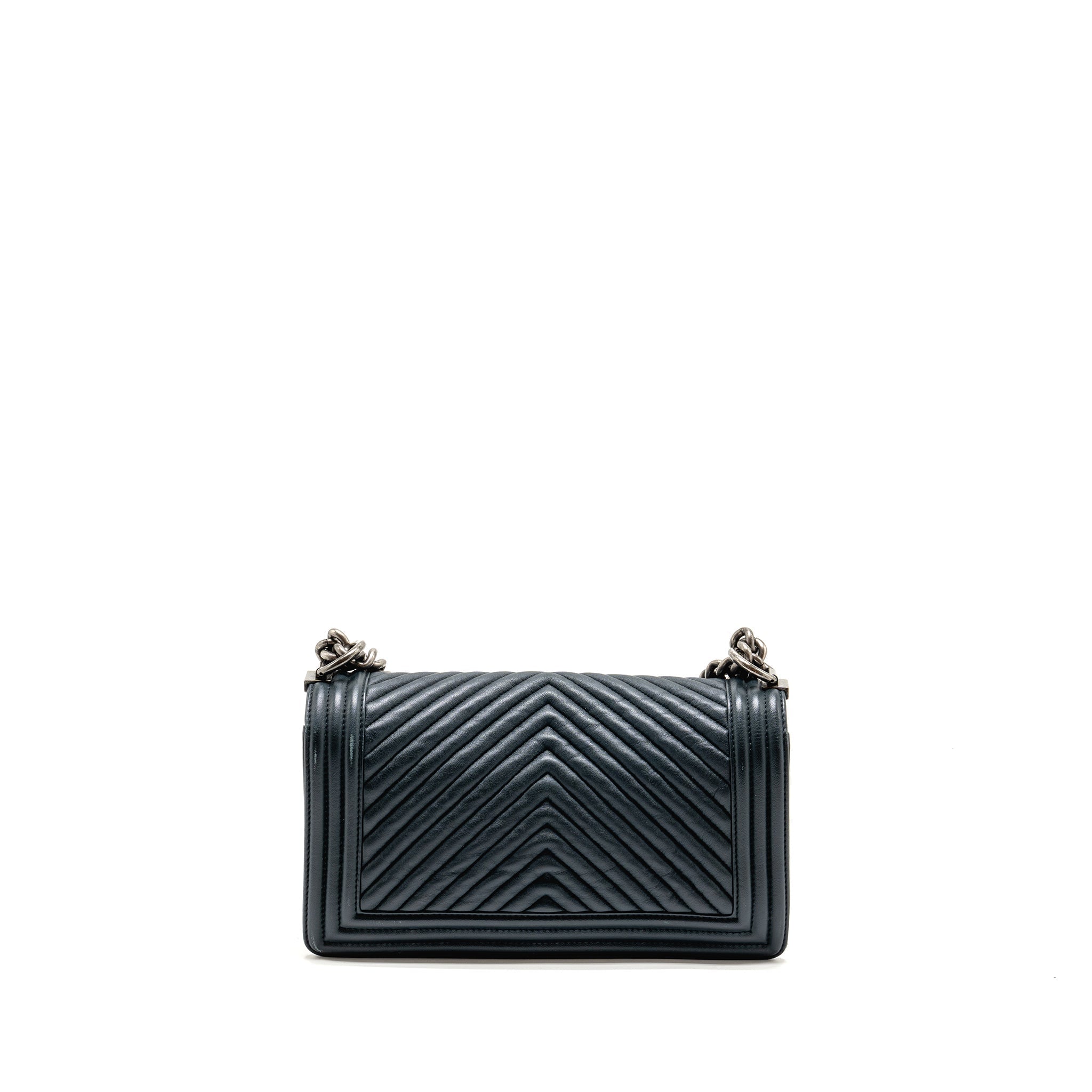 Chanel Medium Boy Bag Chevron Lambskin Dark Blue SHW