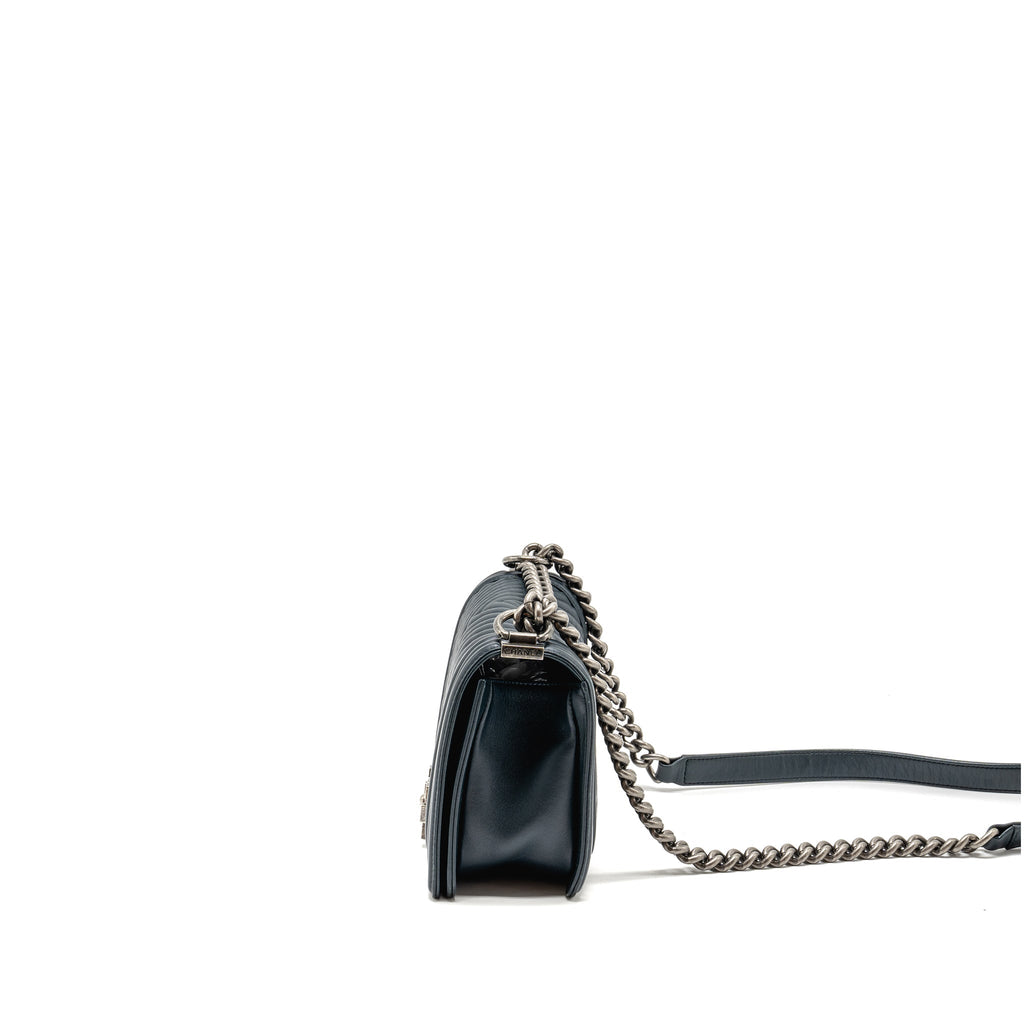 Chanel Medium Boy Bag Chevron Lambskin Dark Blue SHW