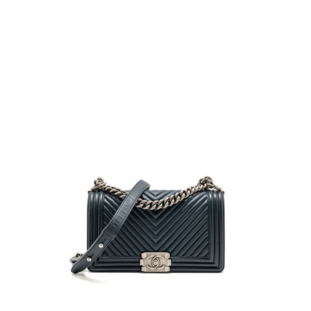 Chanel Medium Boy Bag Chevron Lambskin Dark Blue SHW