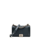 Chanel Medium Boy Bag Chevron Lambskin Dark Blue SHW