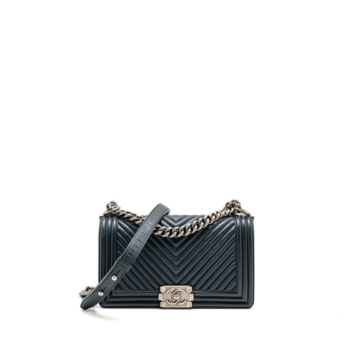 Chanel Medium Boy Bag Chevron Lambskin Dark Blue SHW