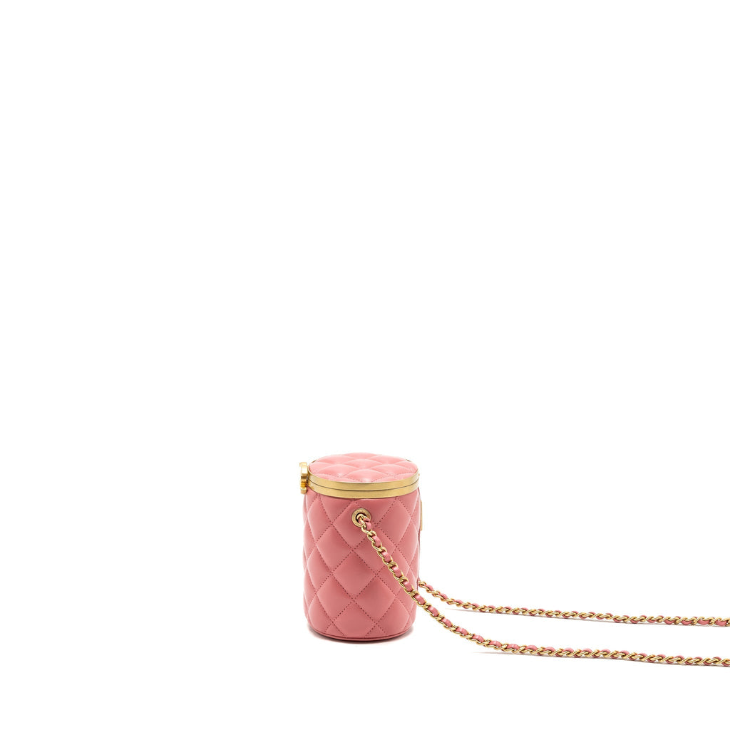 Chanel Round Vanity Case With Chain Lambskin Pink GHW(Microchip)