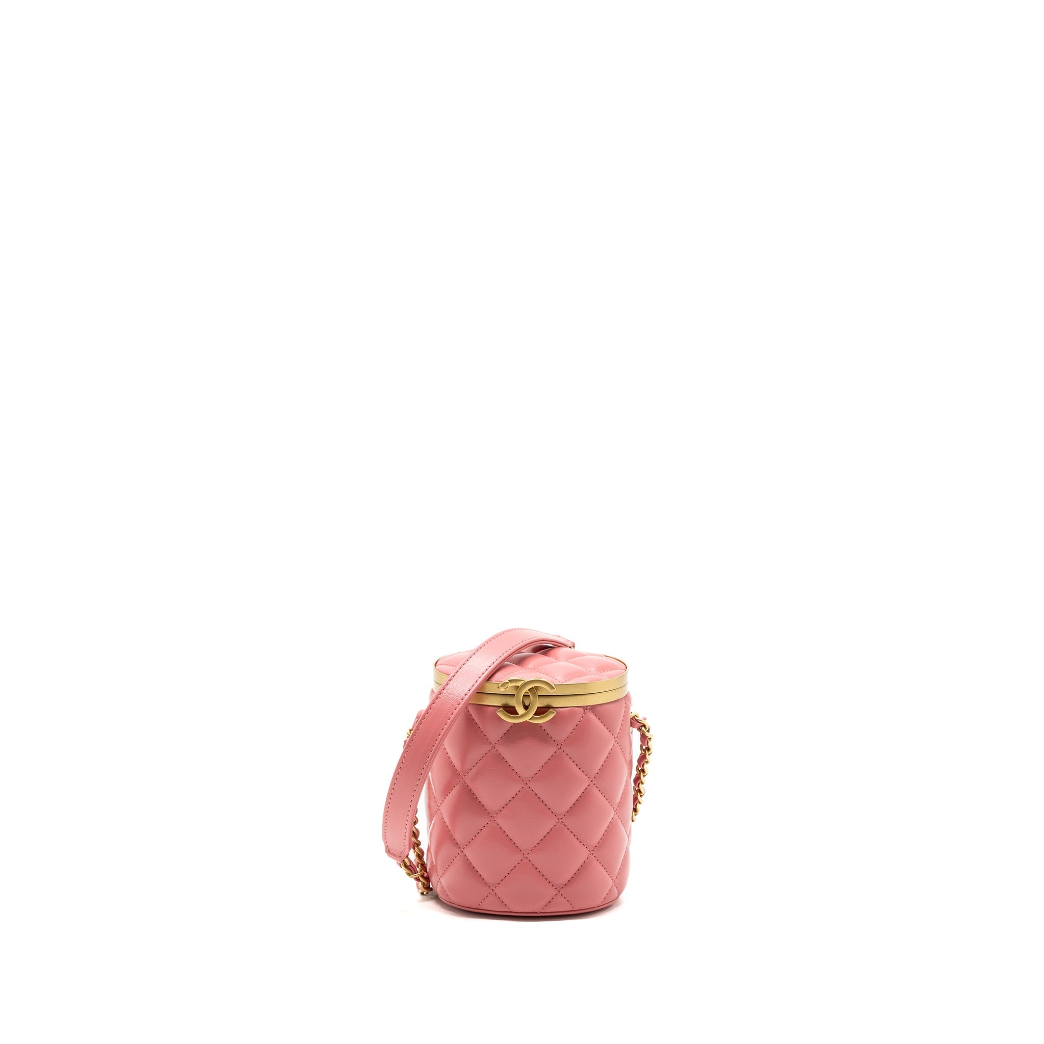 Chanel Round Vanity Case With Chain Lambskin Pink GHW(Microchip)