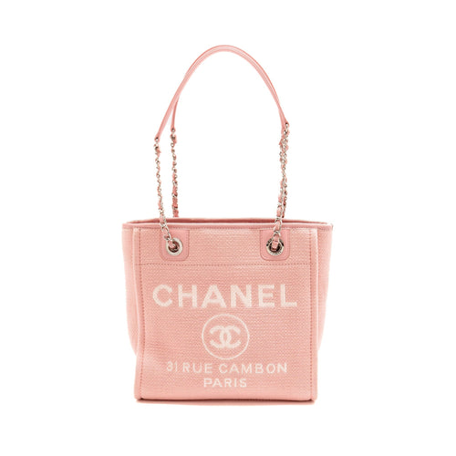 CHANEL DEAUVILLE PM TOTE BAG CANVAS PINK SHW (MICROCHIP)