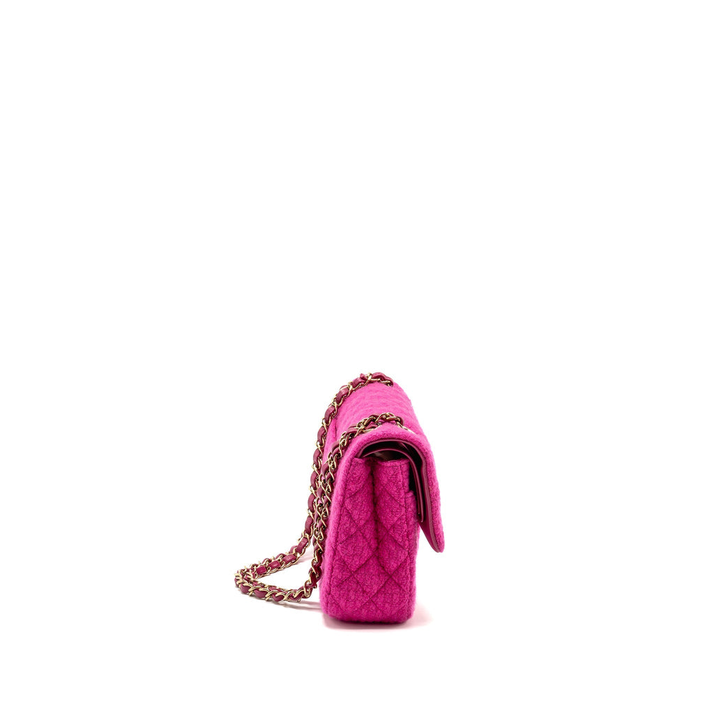 Chanel Medium Classic Double Flap Bag Tweed Pink LGHW (Microchip)