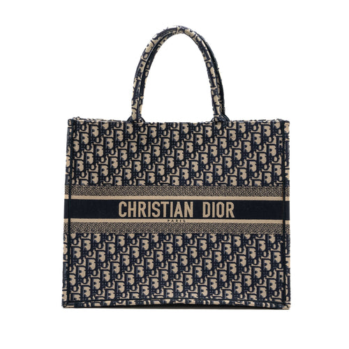 DIOR large book tote ecru and blue Dior oblique embroidery