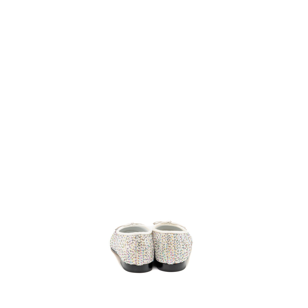 Chanel Size 37.5 23C Ballerinas Flat Shoes Glittered Fabric/Grosgrain White/Multicolour/Black