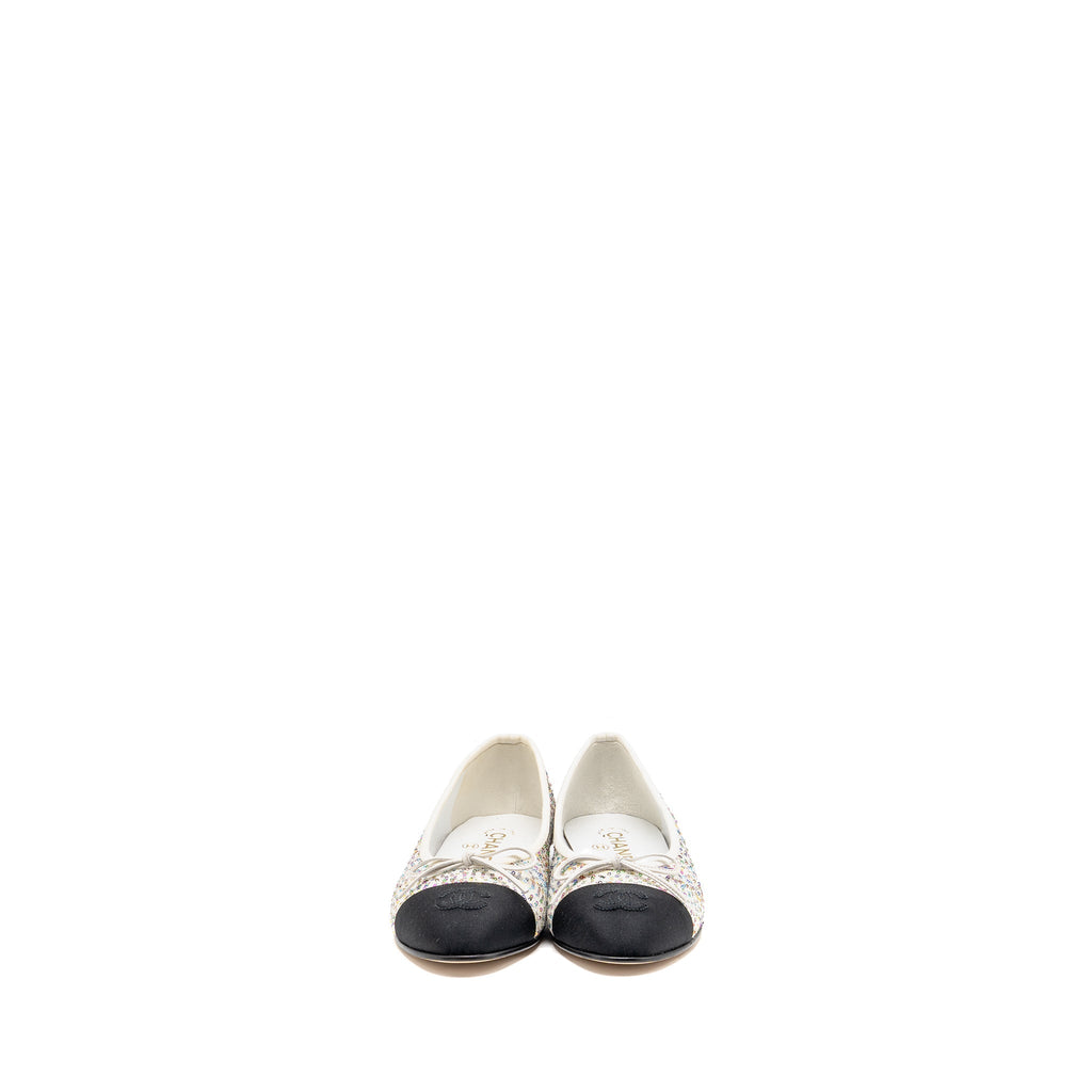 Chanel Size 37.5 23C Ballerinas Flat Shoes Glittered Fabric/Grosgrain White/Multicolour/Black