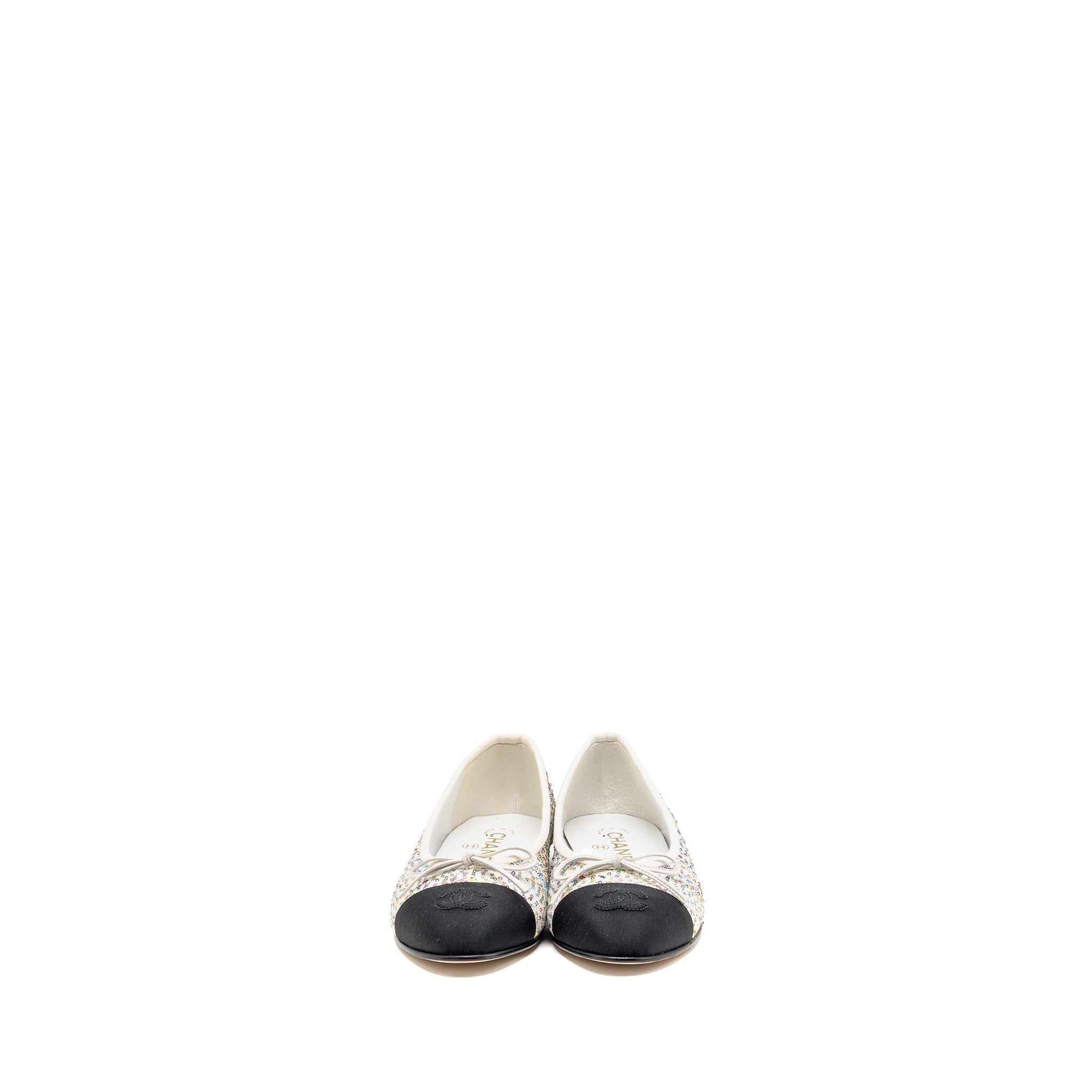 Chanel Size 37.5 23C Ballerinas Flat Shoes Glittered Fabric/Grosgrain White/Multicolour/Black