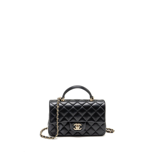 CHANEL Top Handle Mini Rectangular Flap Bag Lambskin Black LGHW (Microchip)
