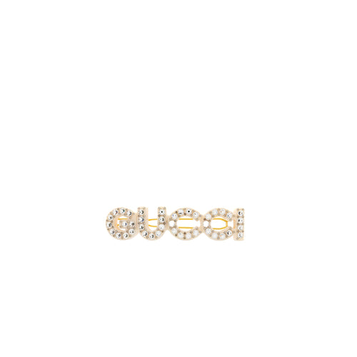 GUCCI letter crystal hair clip white / light gold tone