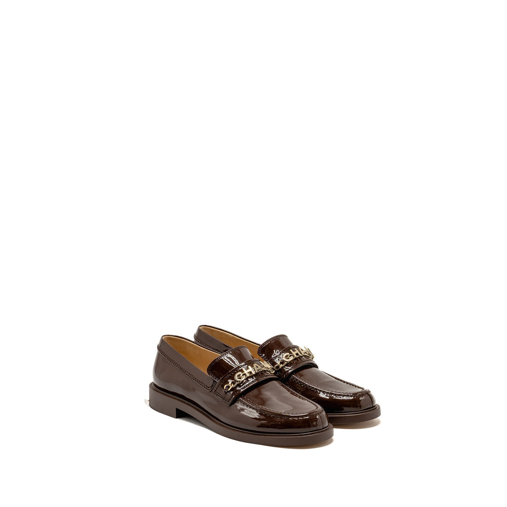 Chanel Size 40 Letter Logo Loafers Patent Calfskin Dark Brown LGHW