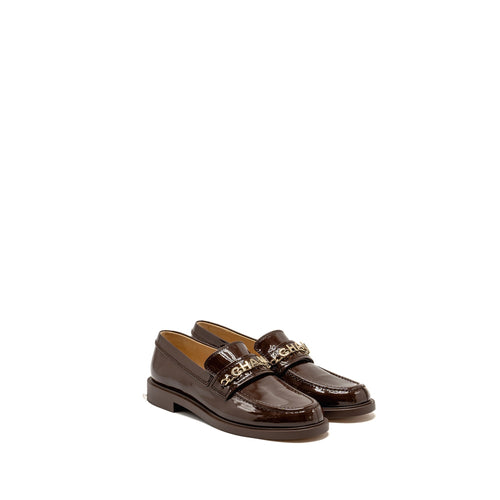 Chanel Size 40 Letter Logo Loafers Patent Calfskin Dark Brown LGHW