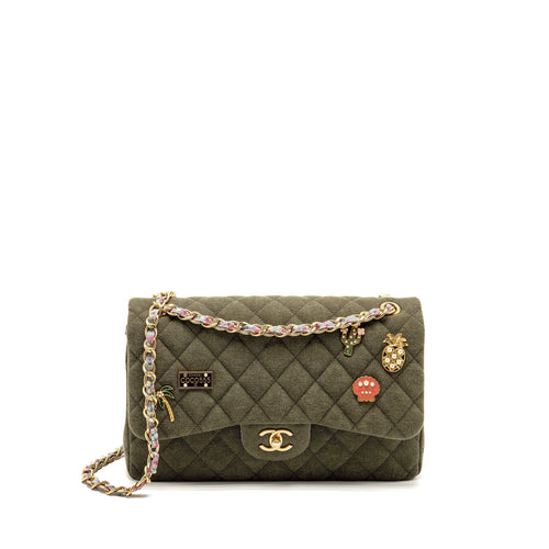 Chanel Coco Cuba Charms Jumbo Classic Double Flap Bag Canvas Green GHW