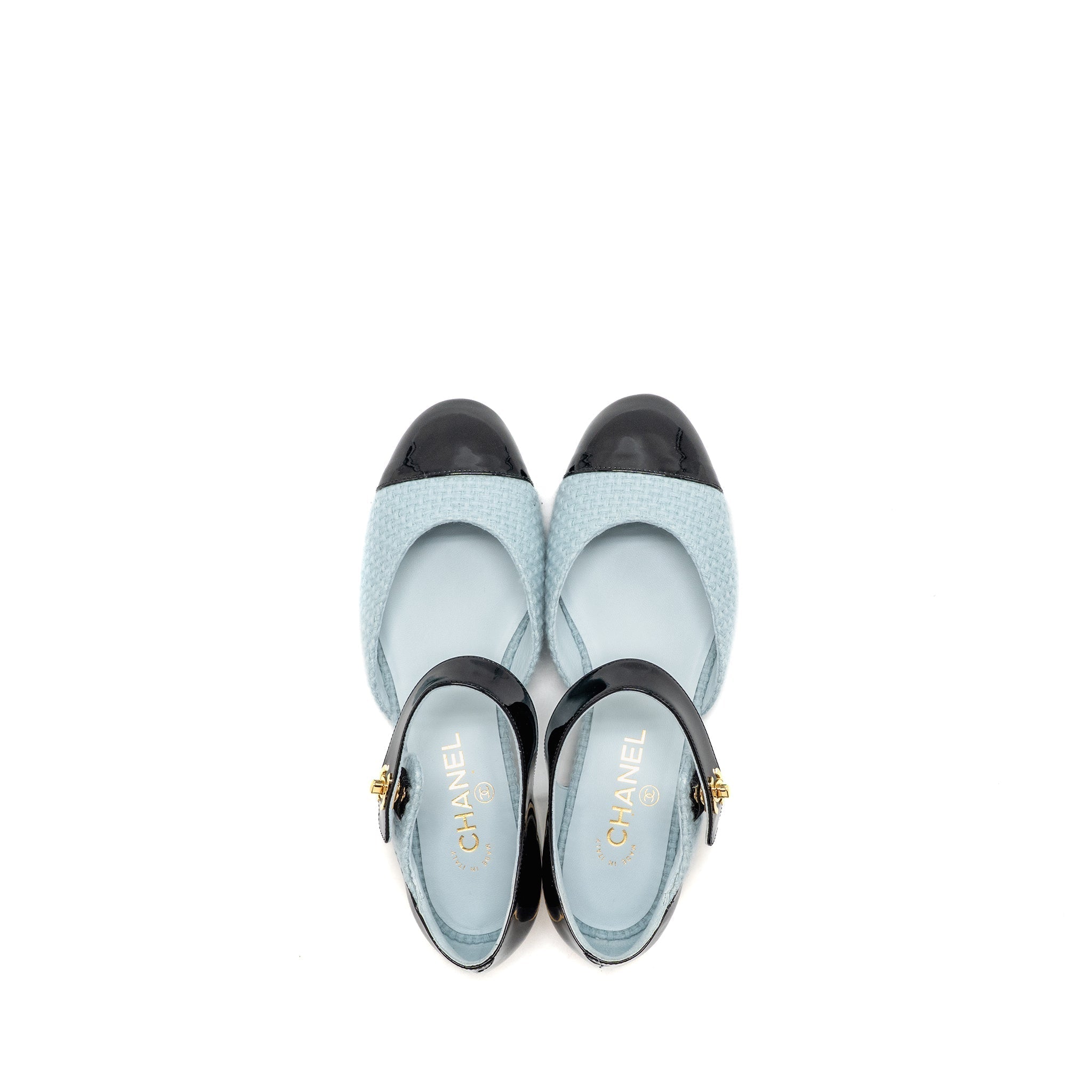 Chanel Size 39 21K Ballerinas Flat Shoes Tweed/Patent Calfskin Light Blue/ Black GHW