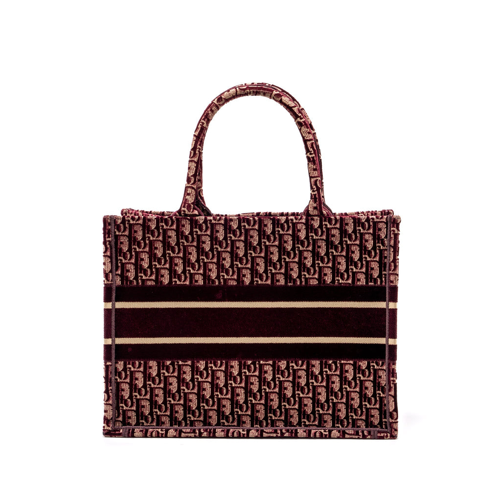 Dior Medium Book Tote Oblique Embroidery Velvet/ Canvas Dark Red