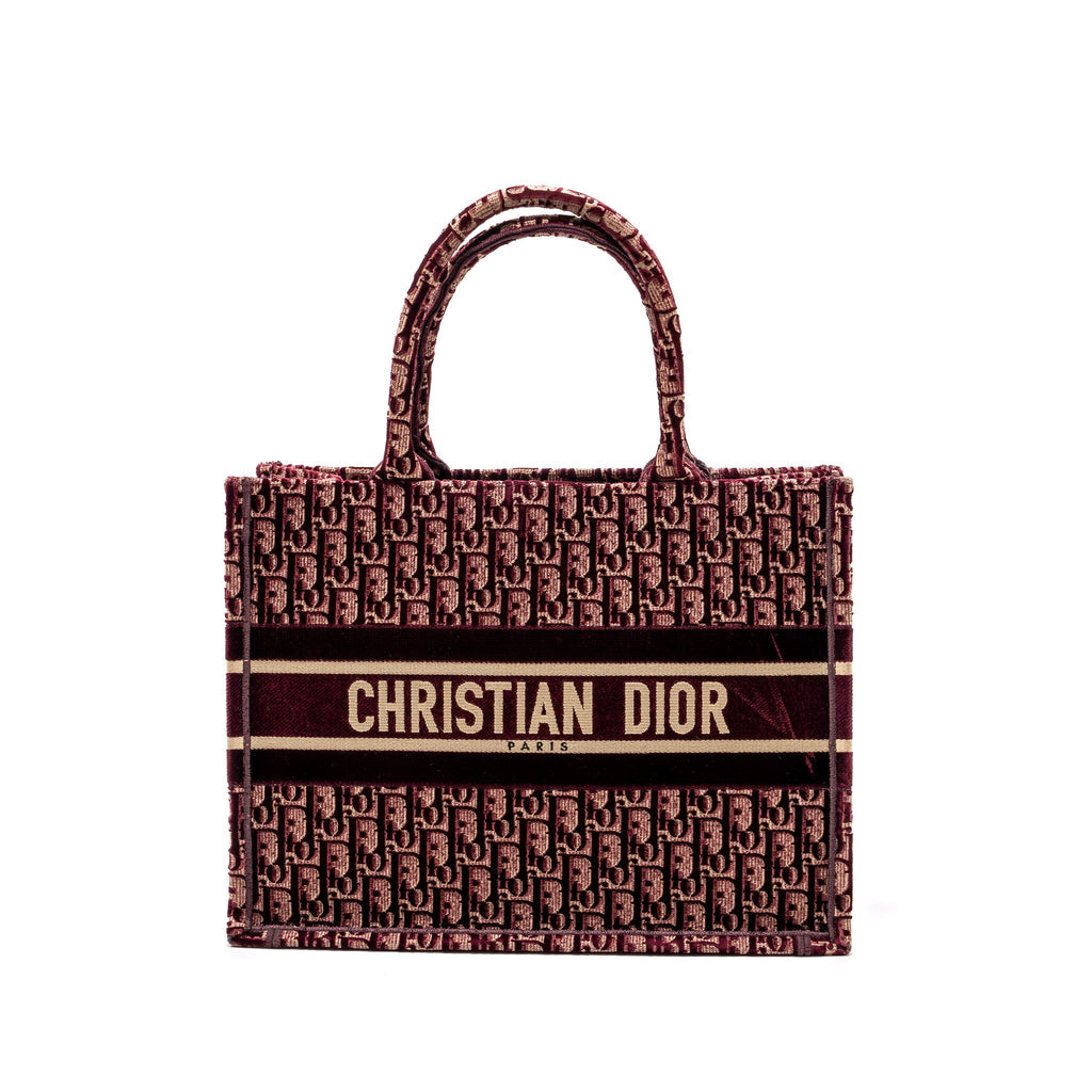 Dior Medium Book Tote Oblique Embroidery Velvet/ Canvas Dark Red