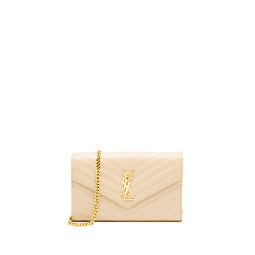 Saint Laurent Cassandre Matelasse Chain Wallet Grained Calfskin Beige GHW