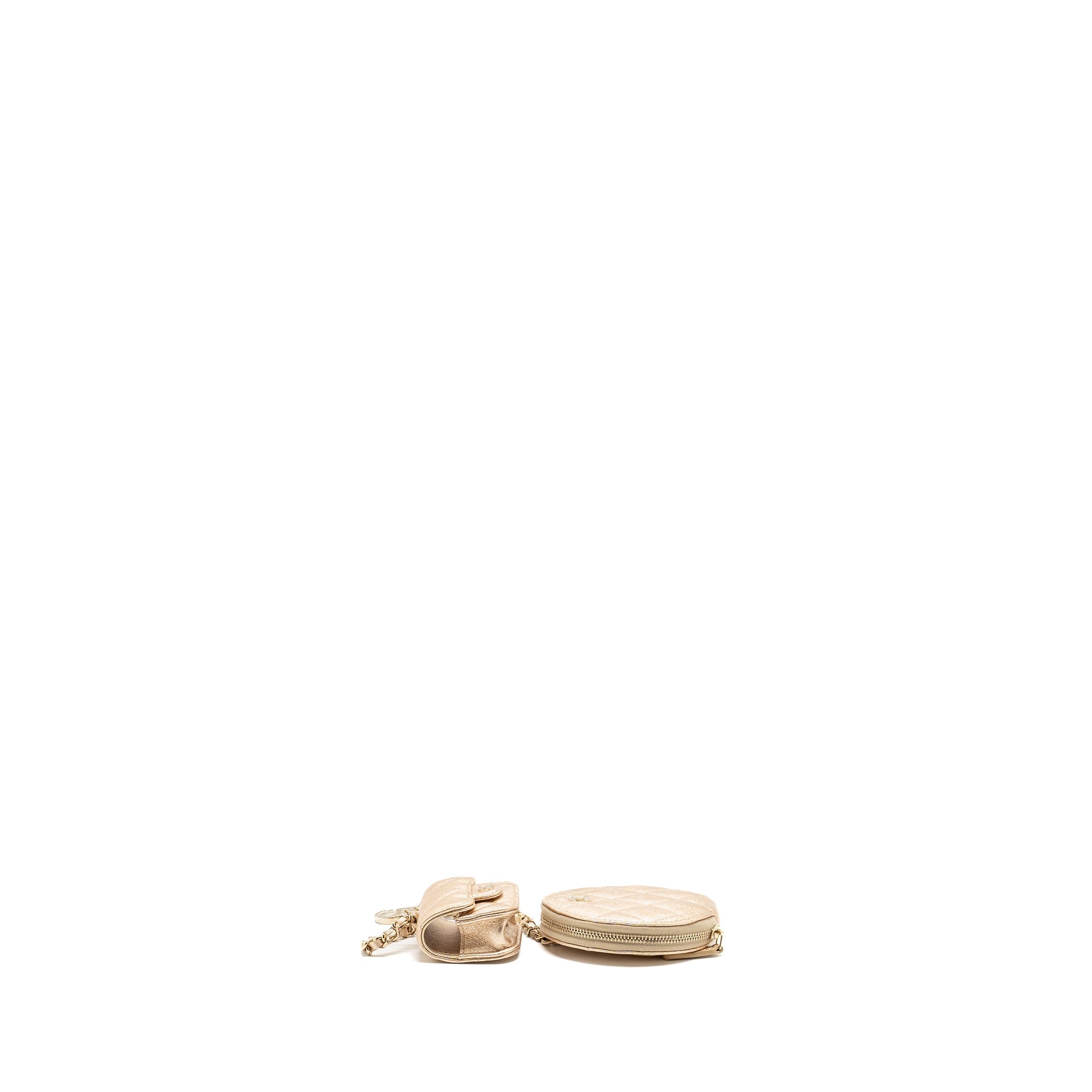 Chanel ROUND Clip on Purse DUO Bag Charm quilted lambskin Metallic Gold LGHW (Mircochip)