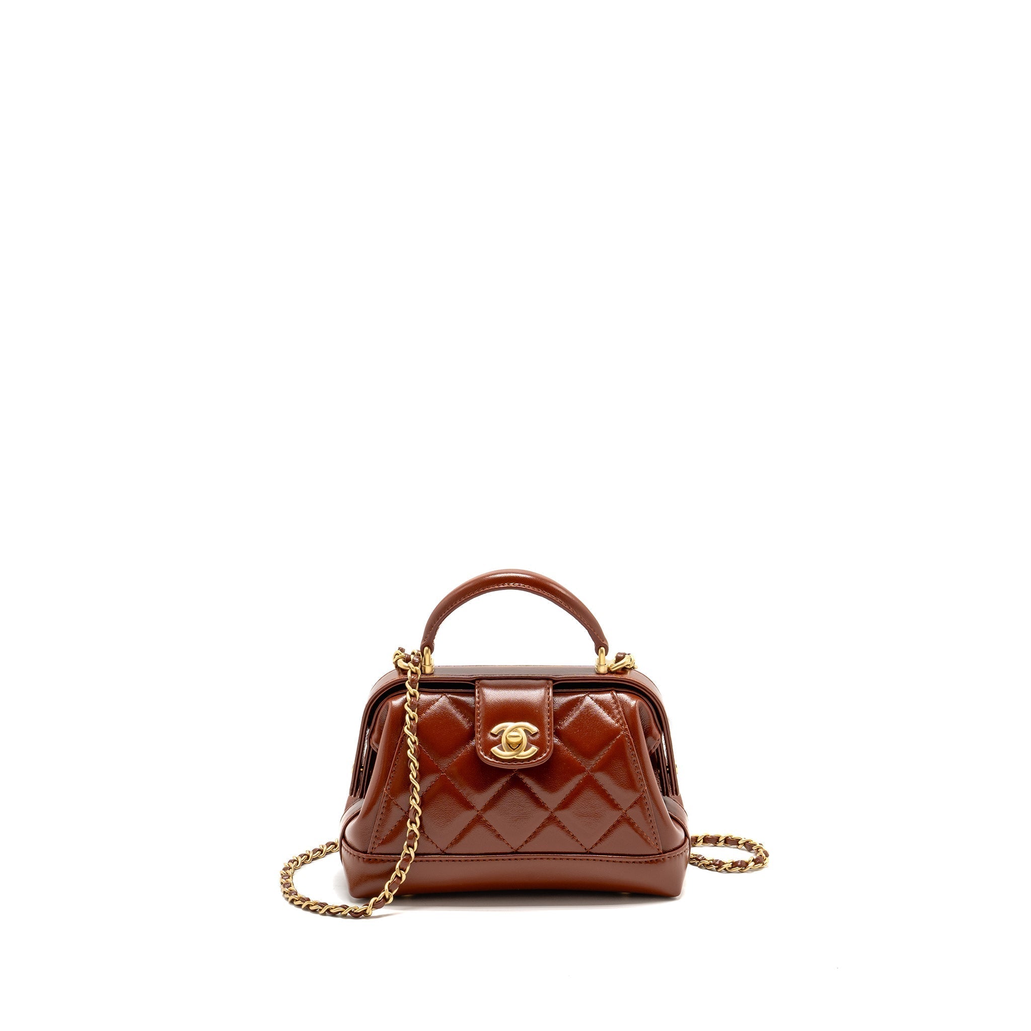 Chanel 24a Small Top Handle Doctor Bag Quilted Shiny Lambskin Caramel GHW (microchip)