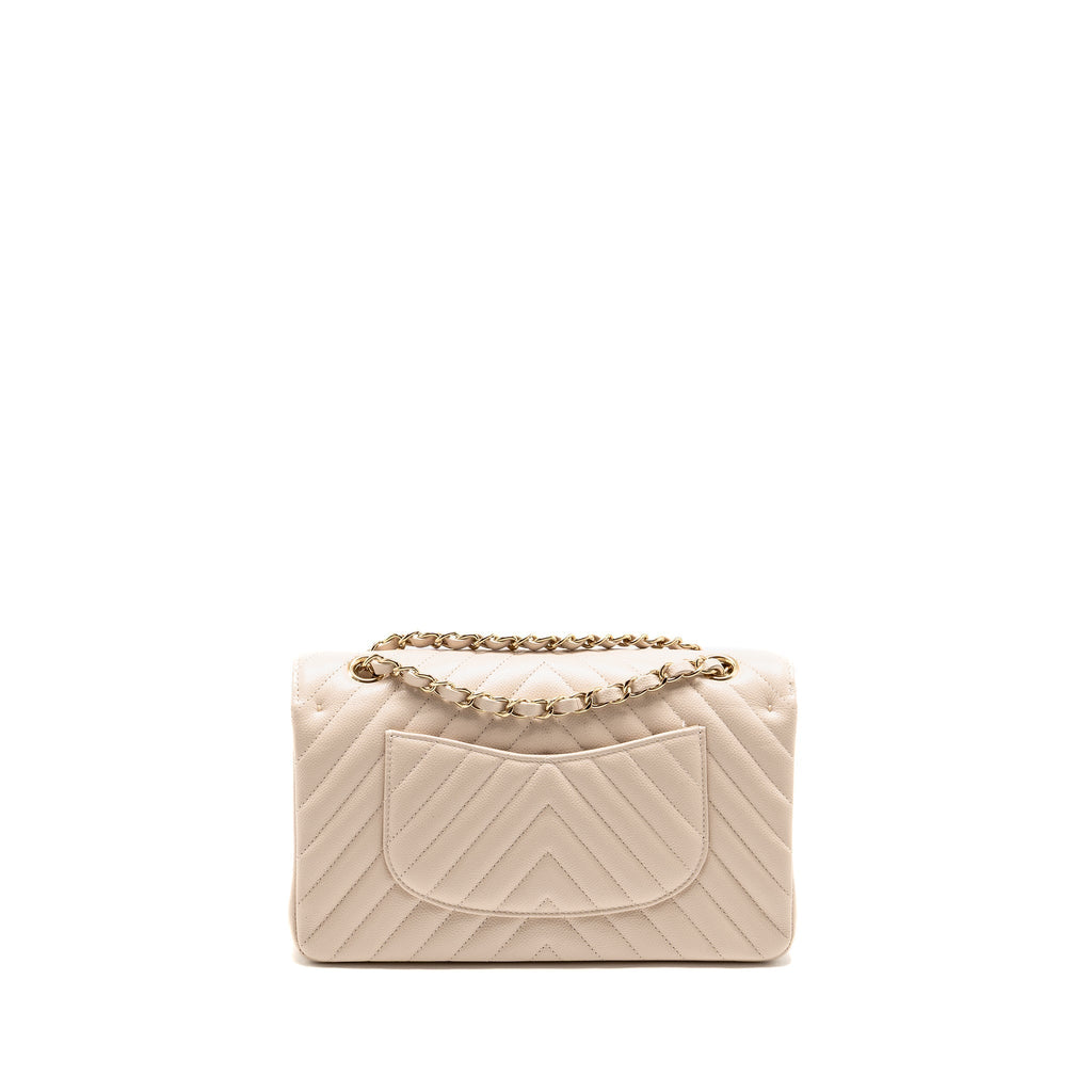 Chanel Medium Classic Double Flap Bag Chevron Caviar Light Beige LGHW