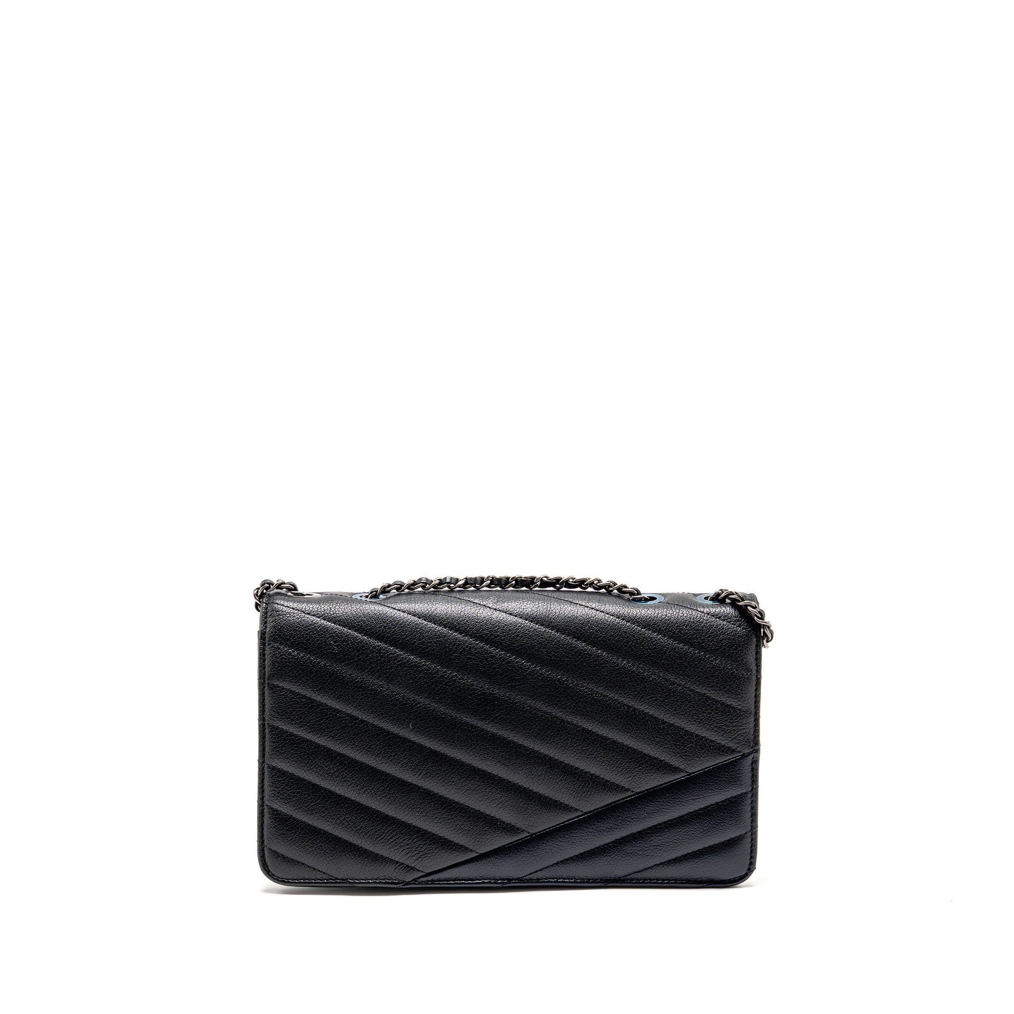 Chanel Envelop Metal Plate Flap Bag Chevron Calfskin Black/Navy Ruthenium silver Hardware