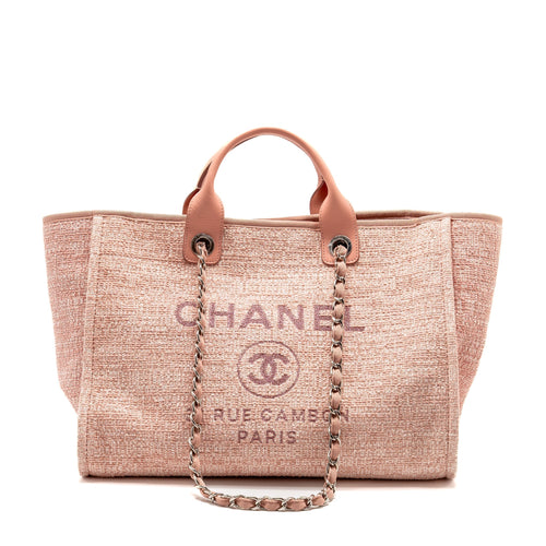 Chanel Large Deauville Tote Shopping Bag Canvas/ Calfskin Pink SHW