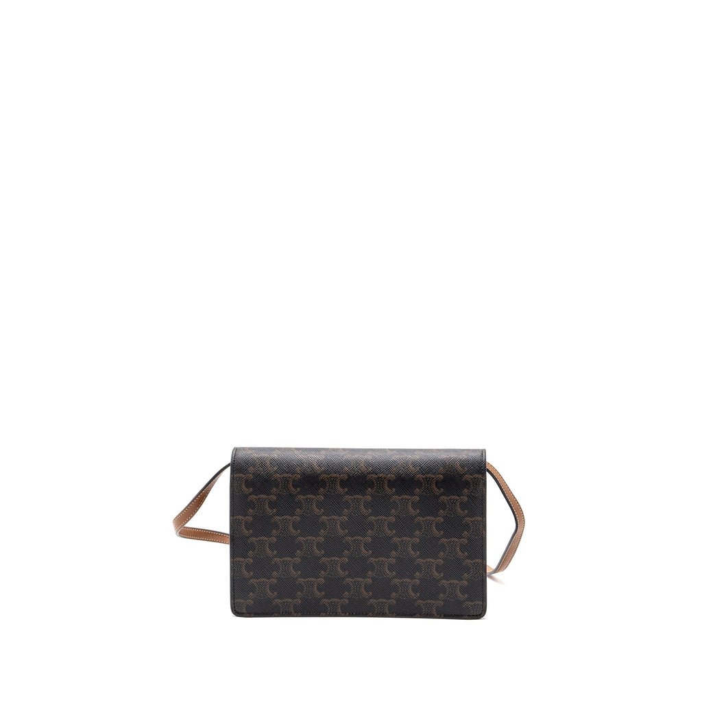 Celine wallet on strap triomphe canvas / smooth lambskin tan with
