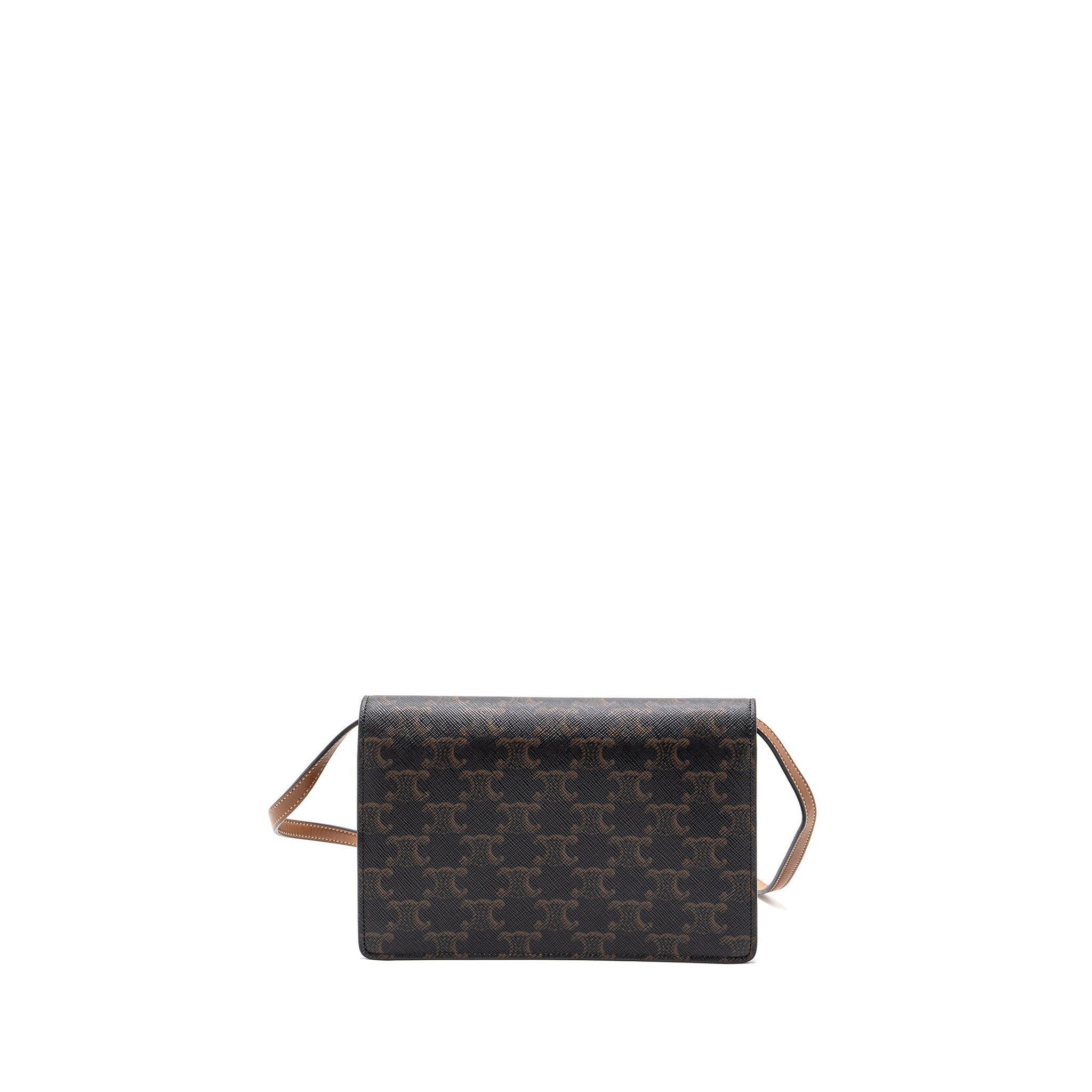 Celine wallet on strap triomphe canvas / smooth lambskin tan with
