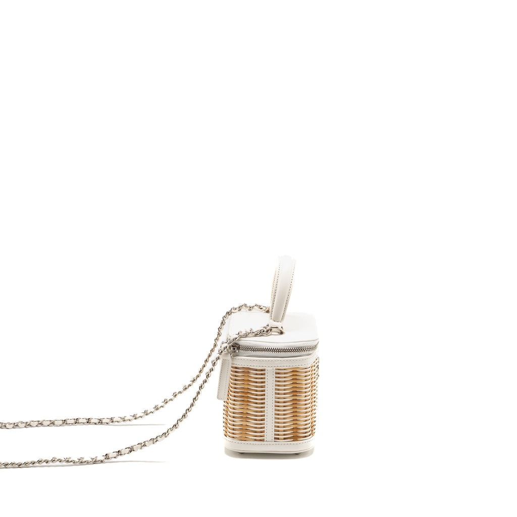 Chanel top handle vanity case bag calfskin/raffia white SHW