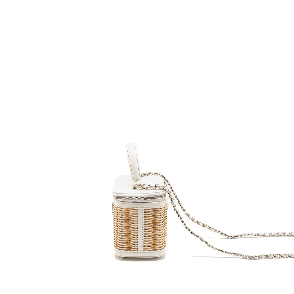 Chanel top handle vanity case bag calfskin/raffia white SHW