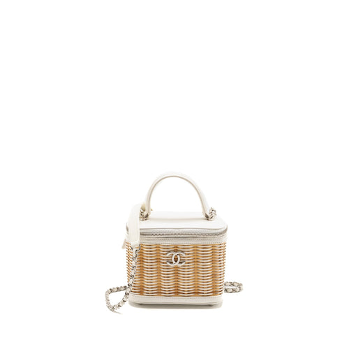 Chanel top handle vanity case bag calfskin/raffia white SHW