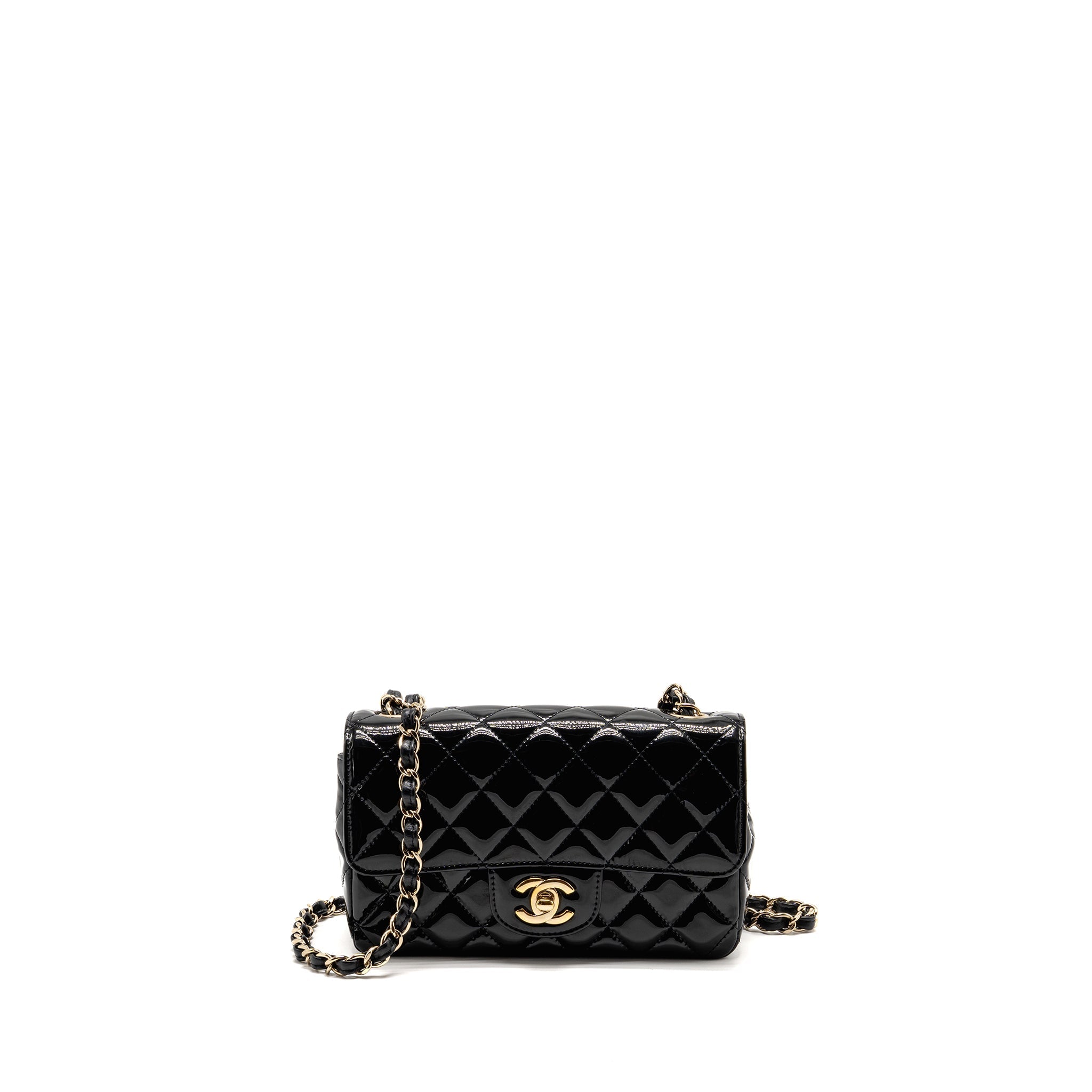 Chanel mini rectangular flap bag patent leather black LGHW
