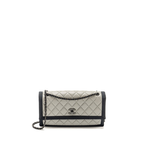 Chanel quilted flap with fabric edge lambskin grey/ black with black hardware