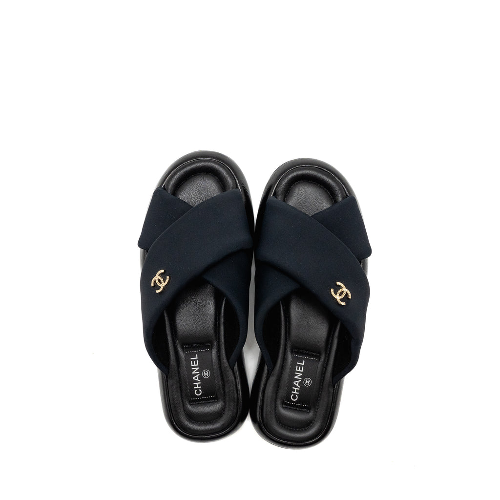 Chanel Size 38 CC Puffy Mule Sandals Fabric/Leather Black GHW