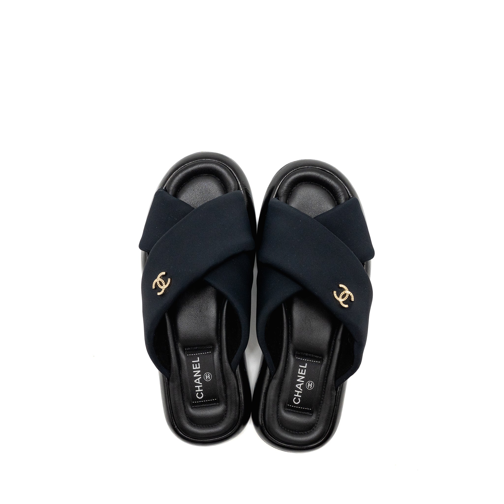 Chanel Size 38 CC Puffy Mule Sandals Fabric/Leather Black GHW