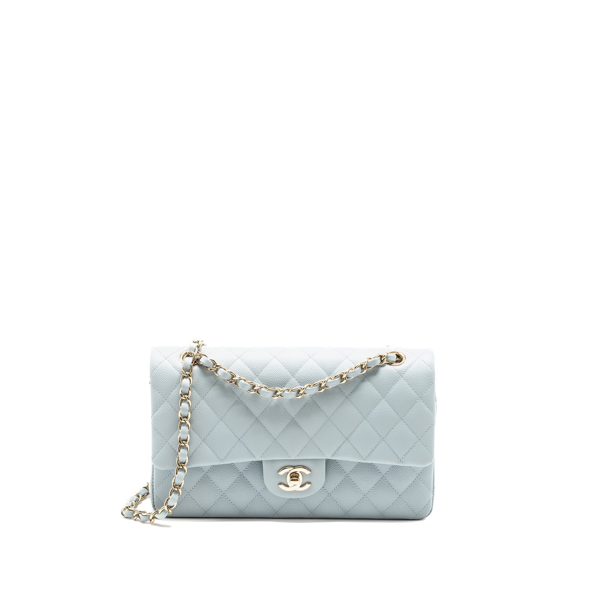 Chanel Medium Classic double flap bag caviar light blue LGHW (microchip)