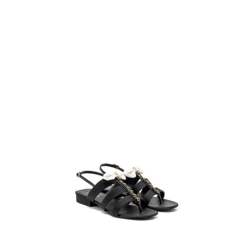 Chanel Size 39 21K Grosgrain Chain CC Logo With White Bow Sandals Black LGHW