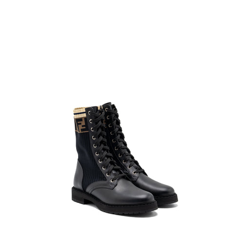 Fendi Size 39 Biker Boots Leather/ Cotton Black Multicolour